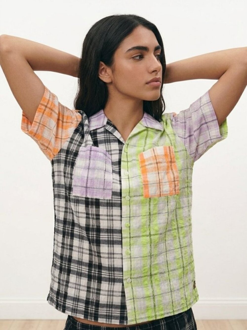 Teddy Fresh Women's Medium Multi Color Neon/Black Short Sleeve Button-down Top
